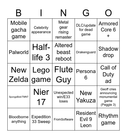 Game Awards 2025 Bingo Card