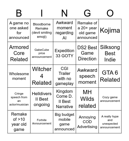 VGA2025 Bingo Card
