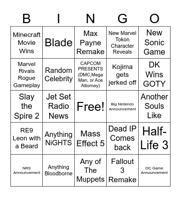 Game Awards 2025 Bingo Card