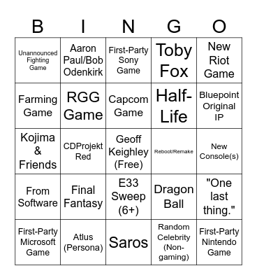 The Game Awards 2025 Bingo Card