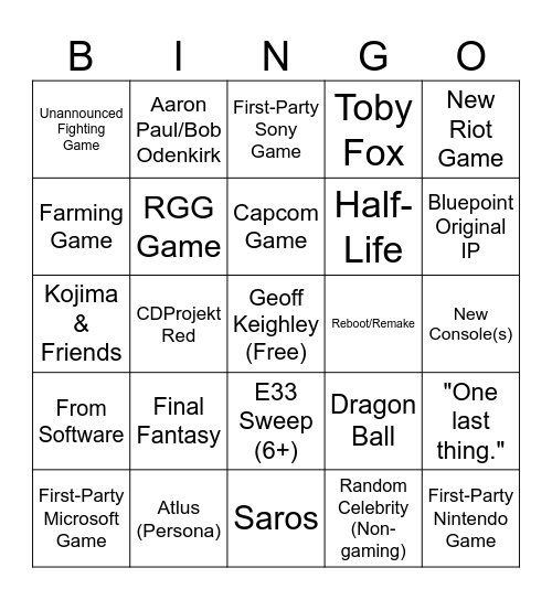 The Game Awards 2025 Bingo Card