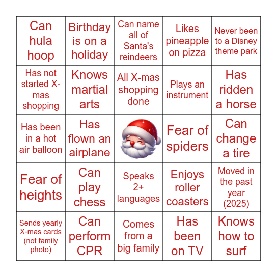 Jingle & Mingle!!            Find someone who matches each description on the card & write their name in the appropriate box. Bingo Card