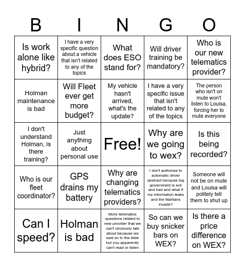 User Call Bingo Card
