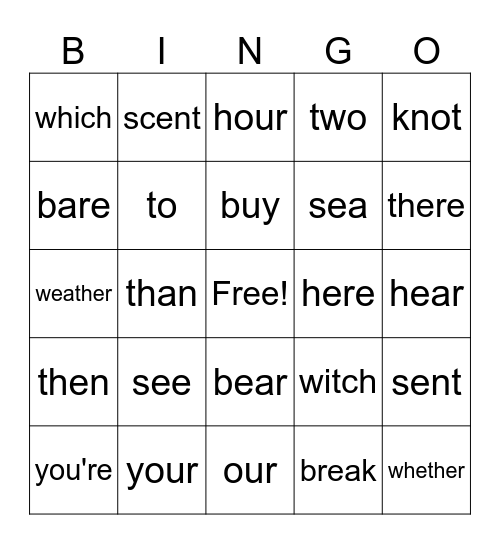 Homophones Bingo Card