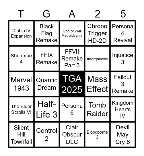 TGA 2025 Reveal Predictions Bingo Card