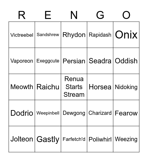 Renua's Bingo Challenge Bingo Card