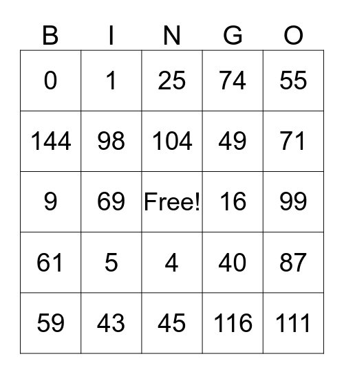 Math Facts Bingo Card