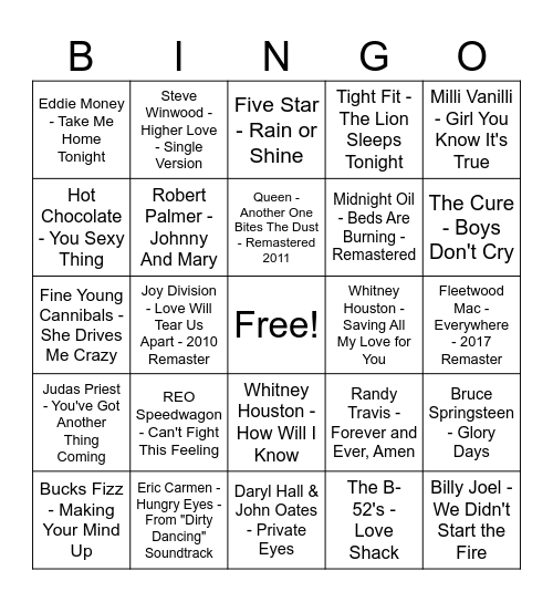 Legion 80s Bingo Card