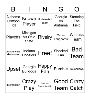 College Football Bingo Card
