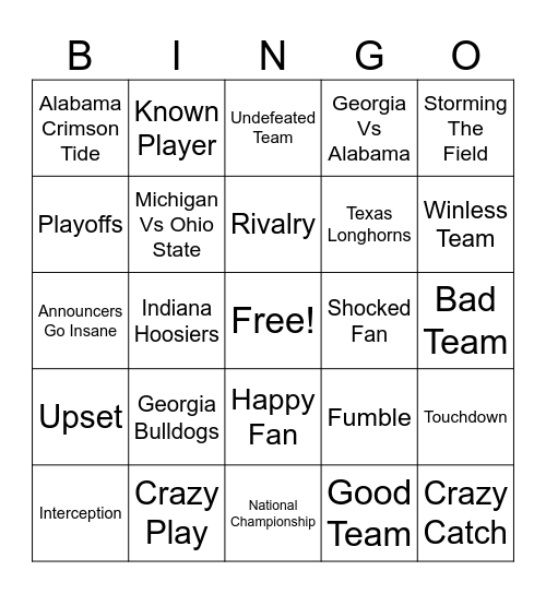 College Football Bingo Card