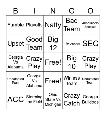 College Football Bingo Card