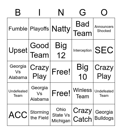 College Football Bingo Card
