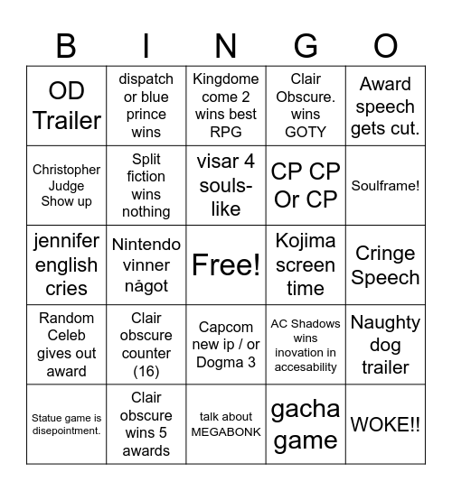 Game Awards Bingo Card