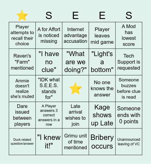 ⭐ SEES BINGO ⭐ Bingo Card