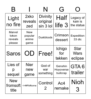 The Game Awards Bingo Card