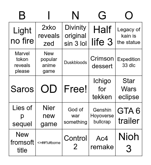 The Game Awards Bingo Card