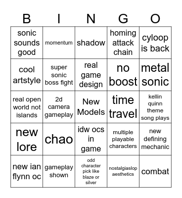 sonic tga 2025 Bingo Card