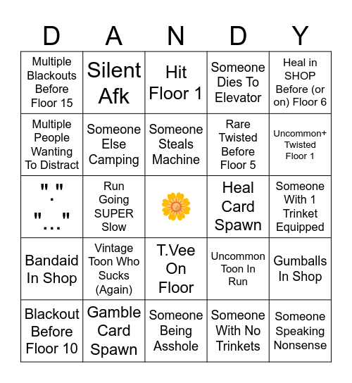 Dandy's World Public Run Experience Bingo Card
