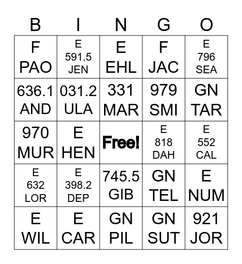 Call Number BINGO Card