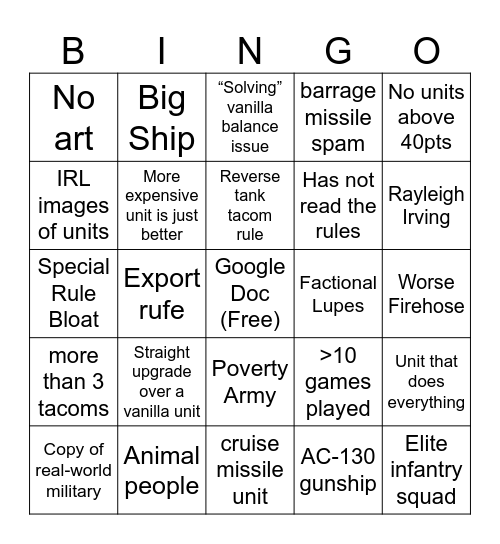 Firelock Homebrew Bingo Card