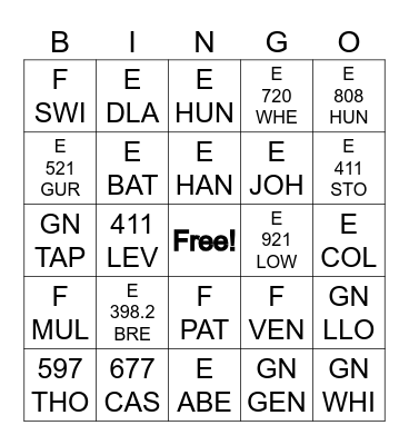 Call Number BINGO Card