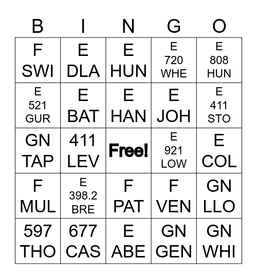 Call Number BINGO Card