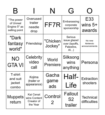 Game Awards 2025 Bingo Card