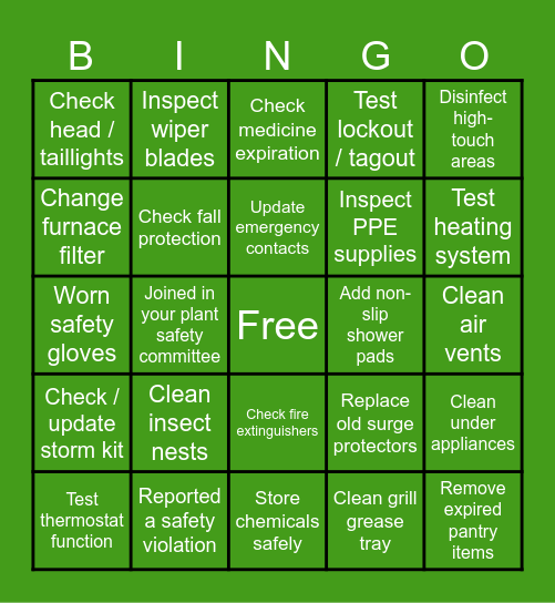 Safety Bingo Card