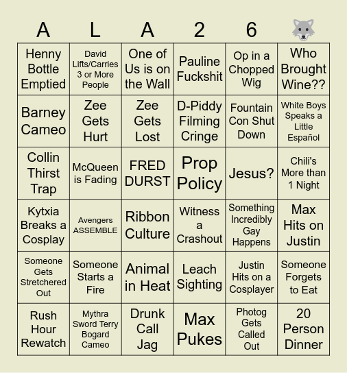 Anime Los Angeles 2K26 Bingo Card