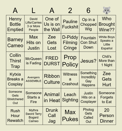 Anime Los Angeles 2K26 Bingo Card