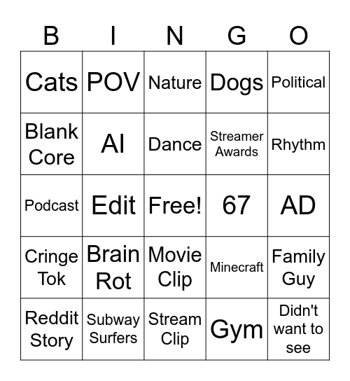 Tiktok Bingo Card