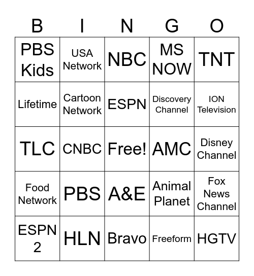 TV Channels Bingo Card