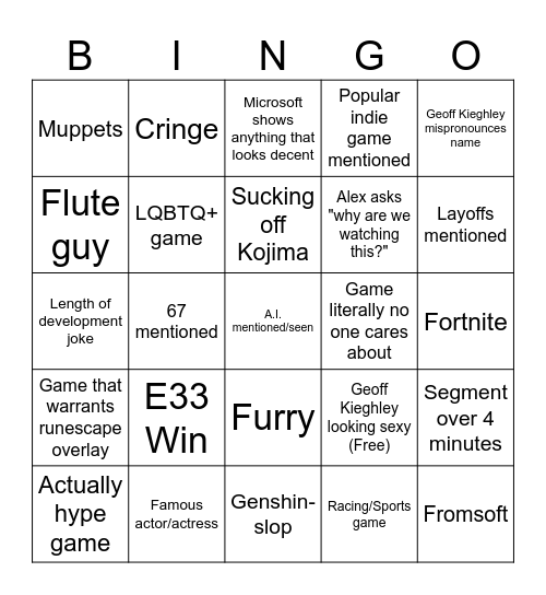 2025 Game Awards Bingo Card