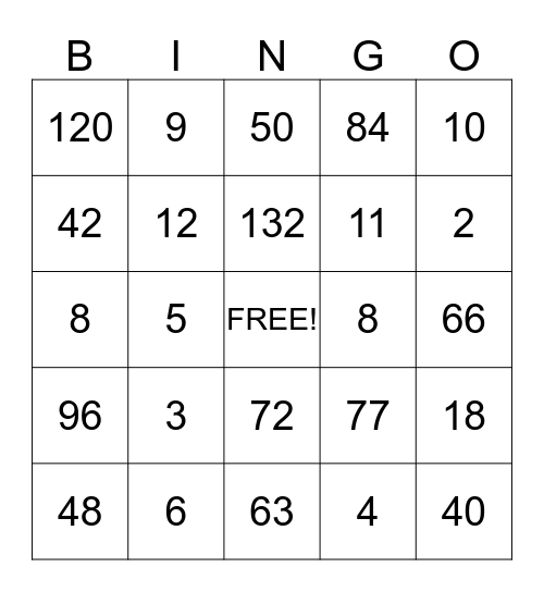 Division Facts Bingo Card