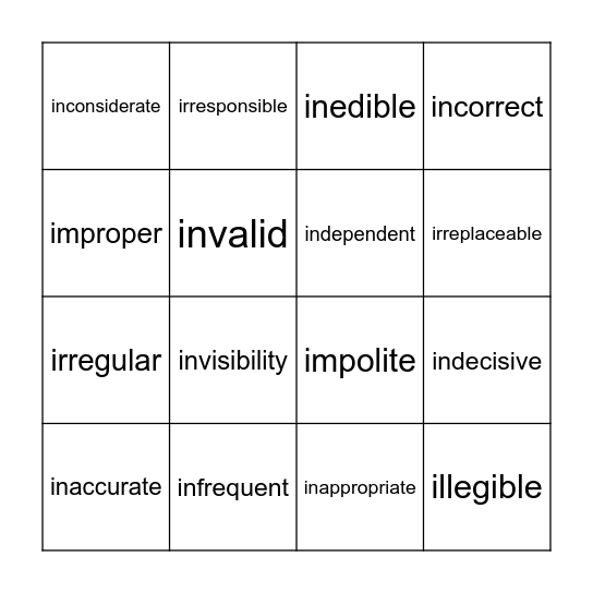in-, im-, il-, ir- Bingo Card