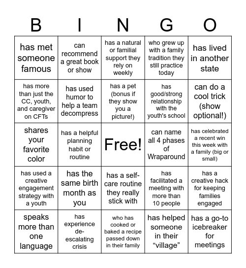 Meet, Greet,  Bingo Card