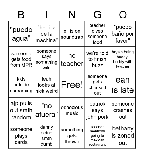 SPANISH CLASS BINGO Card