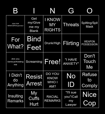 BODY CAM BINGO Card