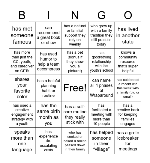 Meet, Greet, & Bingo Card