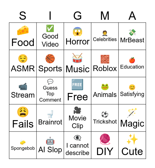 Youtube Shorts Bingo Card