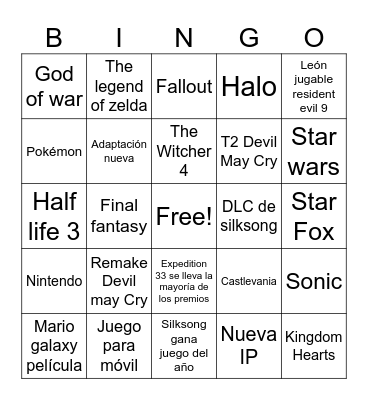 Game Awards 2025 Bingo Card