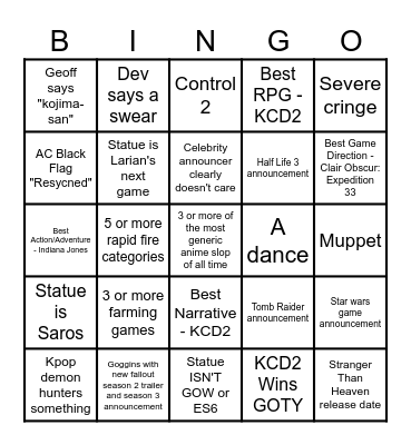 Game Awards 2025 Bingo Card