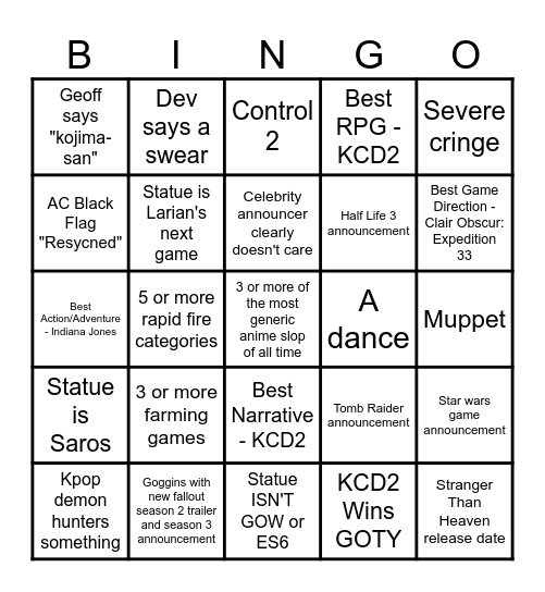 Game Awards 2025 Bingo Card