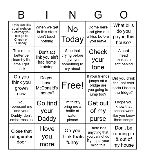 Black Mama Sayings Bingo Card