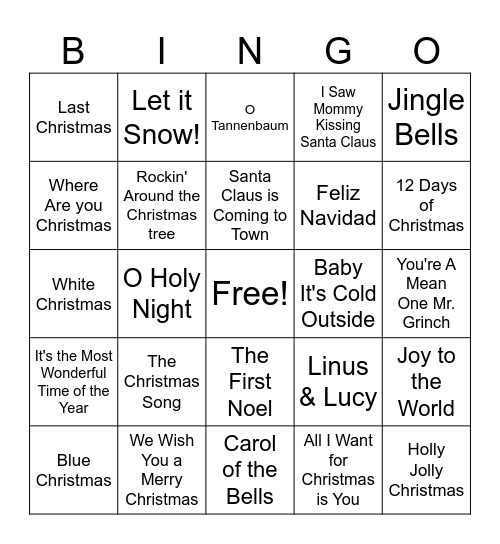 Christmas Song Bingo Card