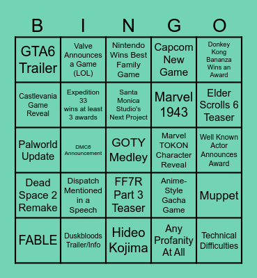 Game Awards 2025 Bingo Card