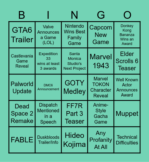Game Awards 2025 Bingo Card