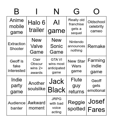 Game Awards Bingo Card