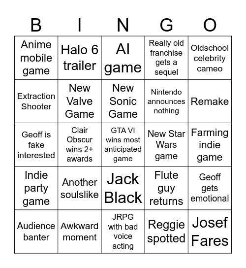 Game Awards Bingo Card