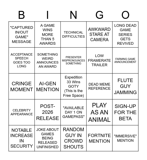 Game Awards 2025 Bingo Card